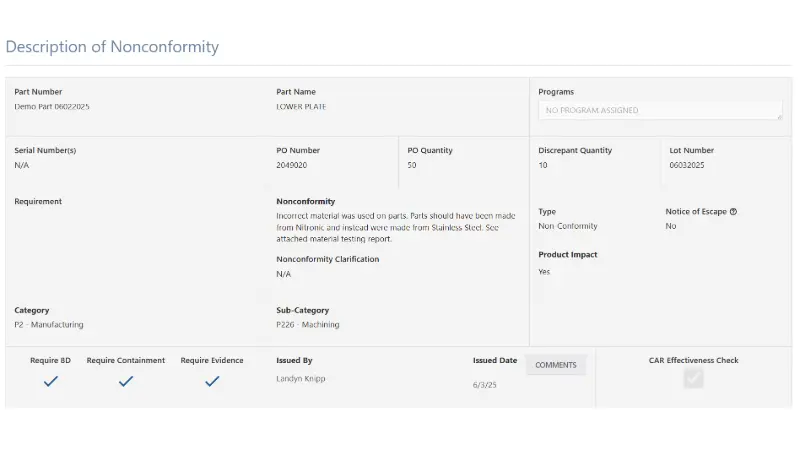 Software screenshot of Net-Inspect CAR Module Information panel with description of Nonconformity details